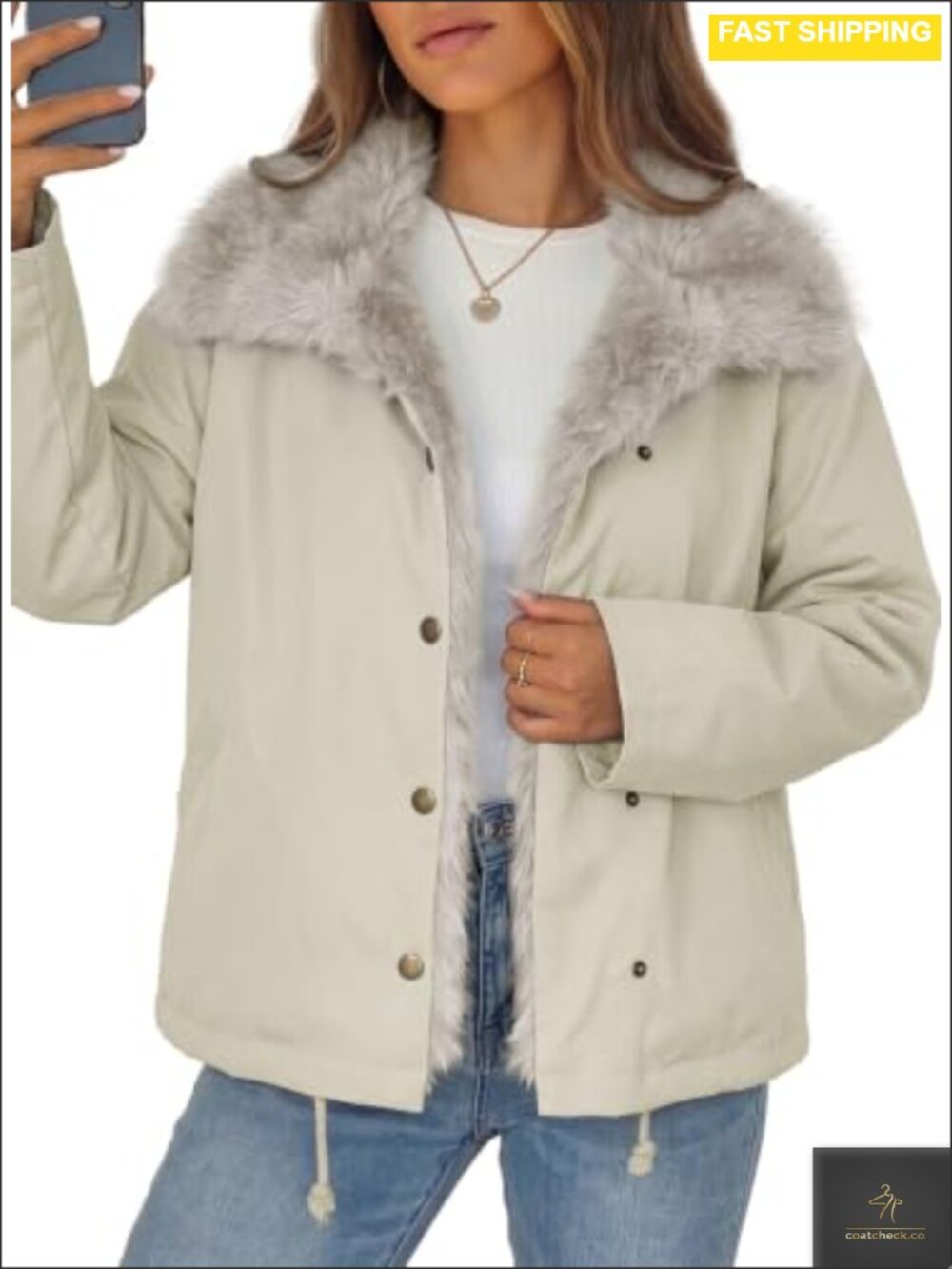 Faux Fur Collar Button Winter Puffer Coat Casual Warm Outerwear